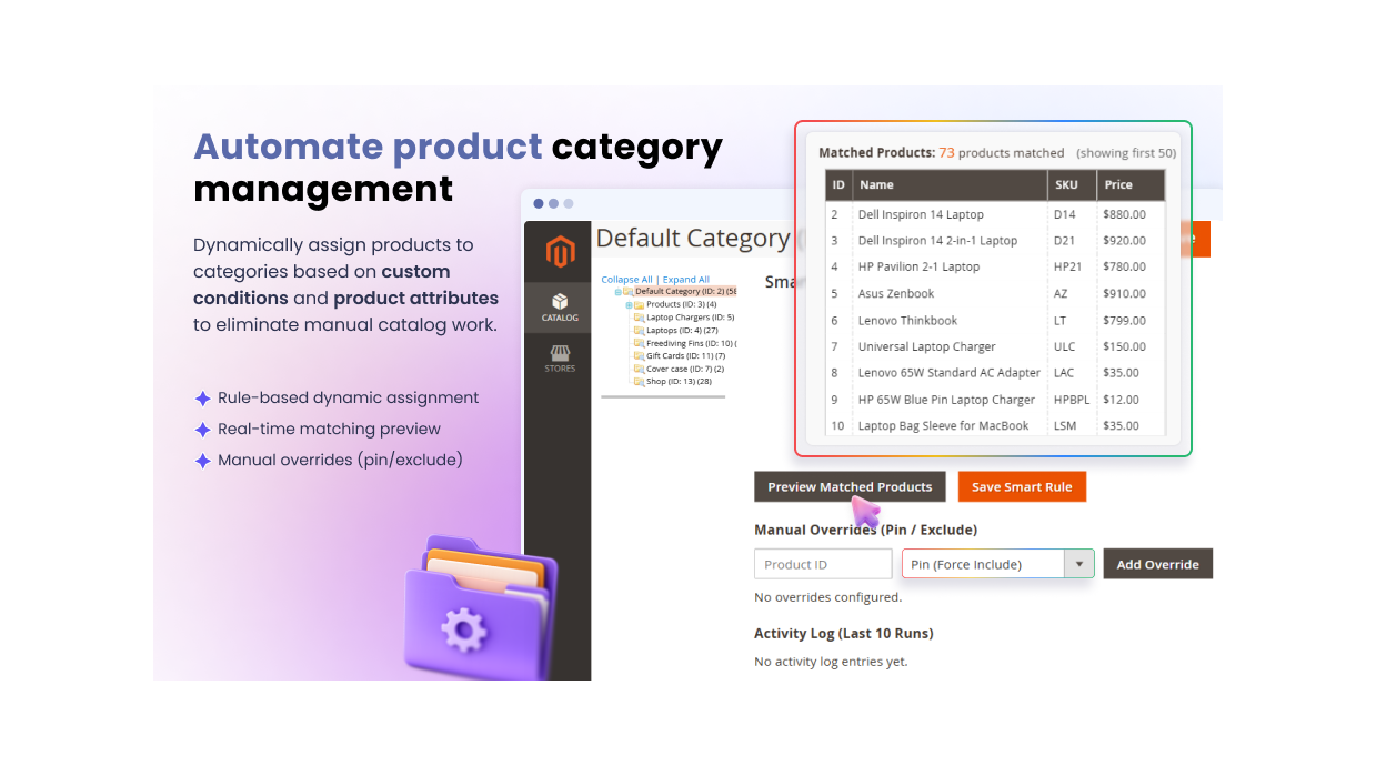 Magento 2 Smart Categories extension dashboard showing automated product category management, rule-based dynamic assignment, real-time matching preview, and manual override controls.