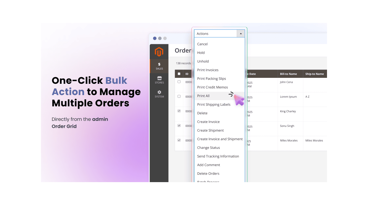 One-Click Bulk Action to Manage Multiple Orders Directly from the magento admin Order Grid.
