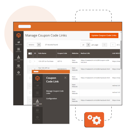 extension configuration screenshot with text Manage coupon code link extension