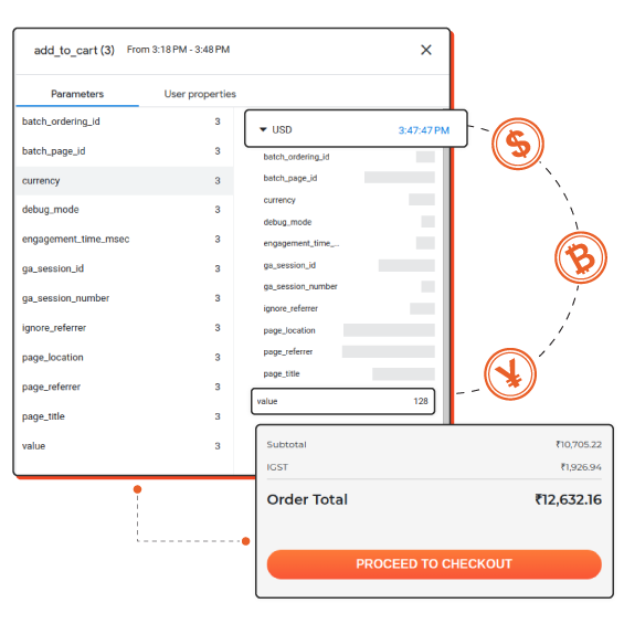 showing website sending event with local currency and GA4 accepting store default currency