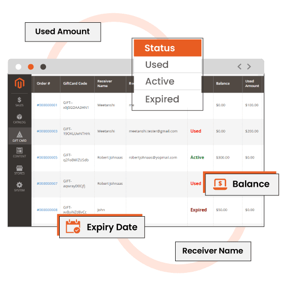 manage gift cards accounts via grid in Magento Asmin
