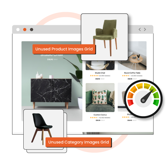 Magento store collection page with texts Unused Product Images Grid and Unused Category Images Grid