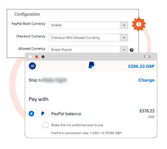 screenshot or configuration extension with the base currency and another screenshot presenting how PayPal accepting multiple currency