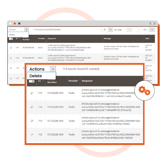 sms log screen for admin with sms logs and highlighted delete action