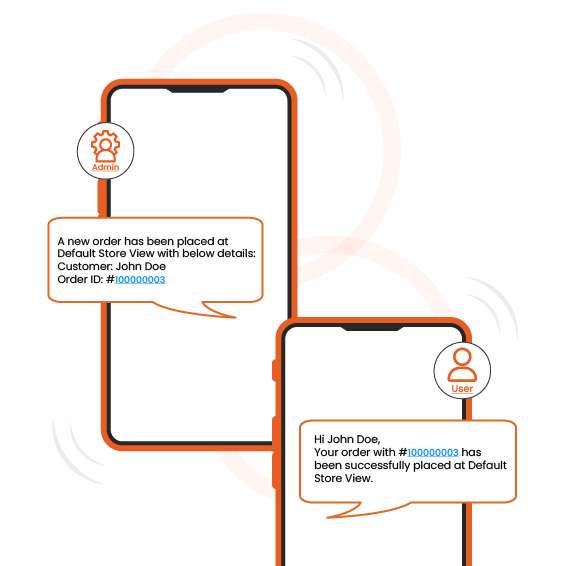 two mobile screens with the text messages of order placed for admin and customer
