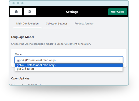 AI content generator dashboard with language model configuration
