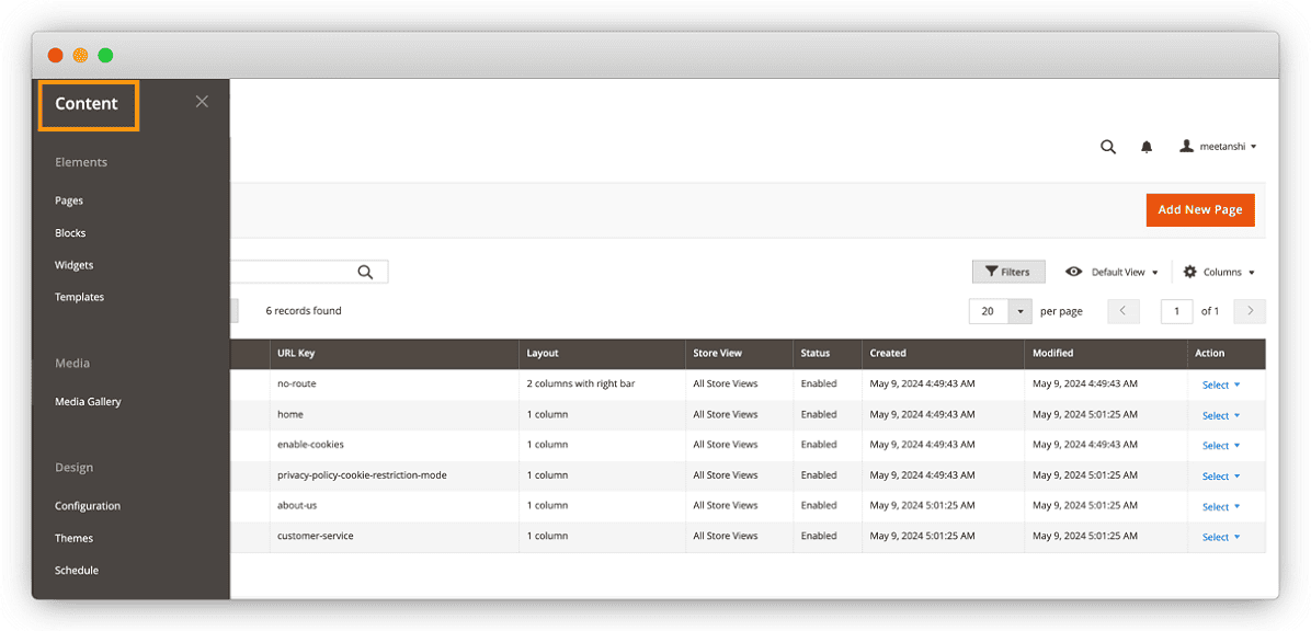 content management options in Magento 2