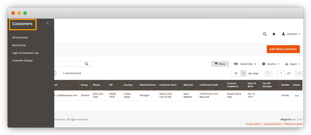 Customer options with customer grid in Magento 2 admin