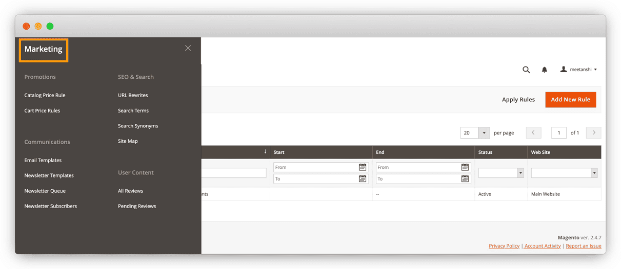 Marketing options in Magento 2 backend