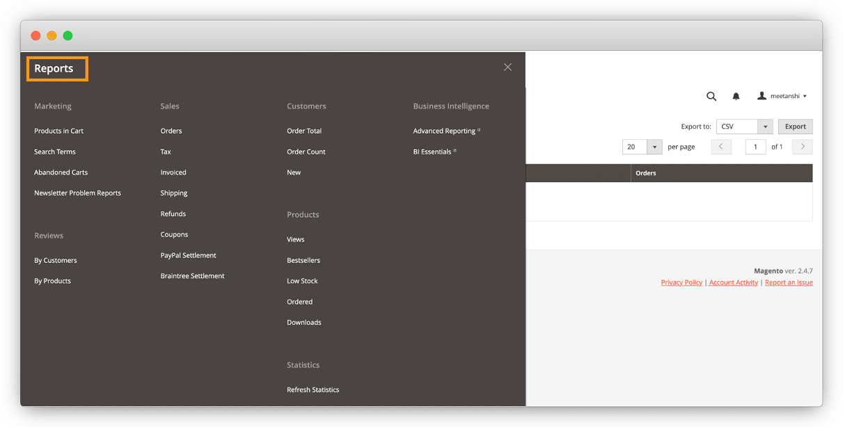 Reports exploration option in Magento 2