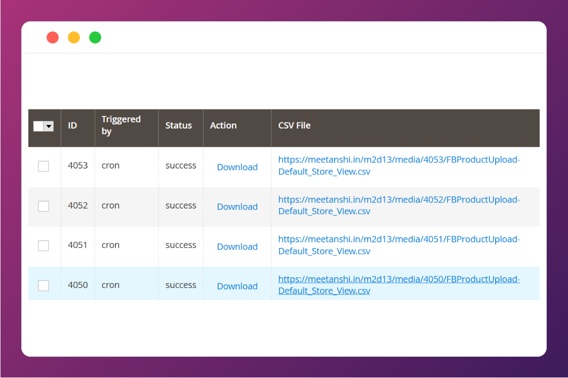 Generated CSV product feed URLs in Magento 2 Facebook Shop Integration.