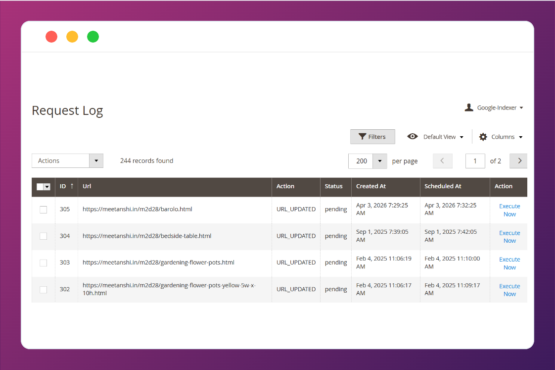 Manage Google indexing requests from the Magento 2 Google Indexing API extension dashboard.