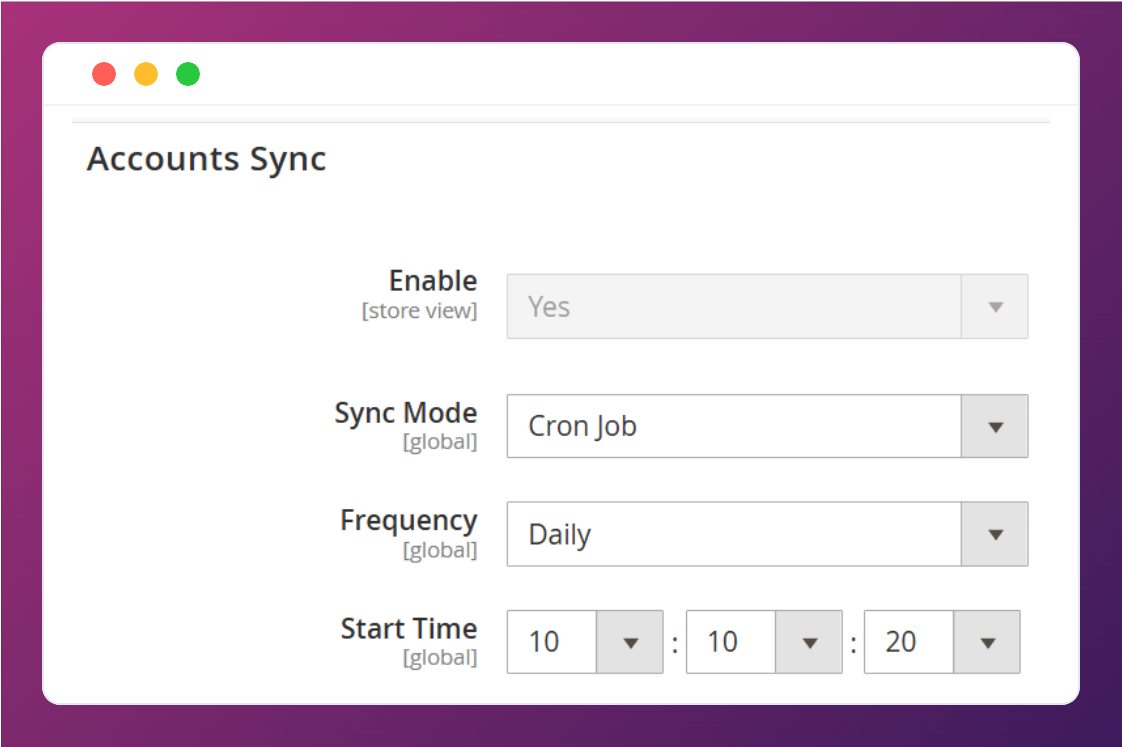 Configure scheduled or real-time synchronization in the Magento 2 Odoo Connector.