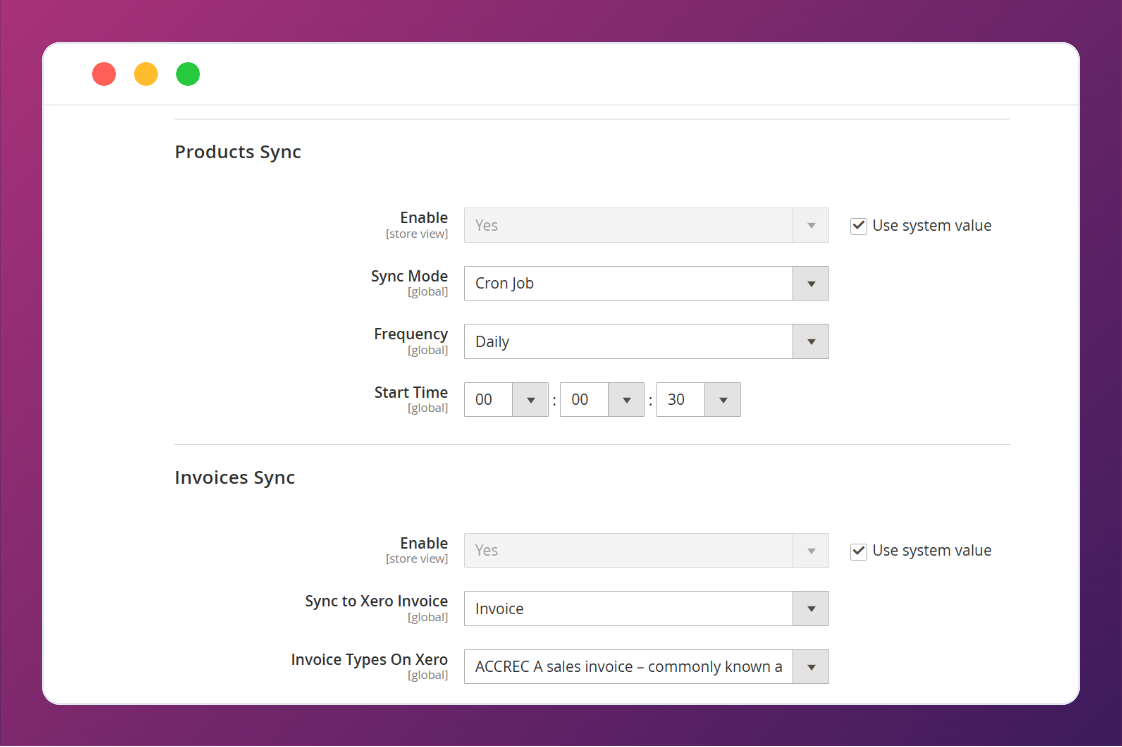 Easy synchronization and automation settings in the Magento 2 Xero Integration extension.