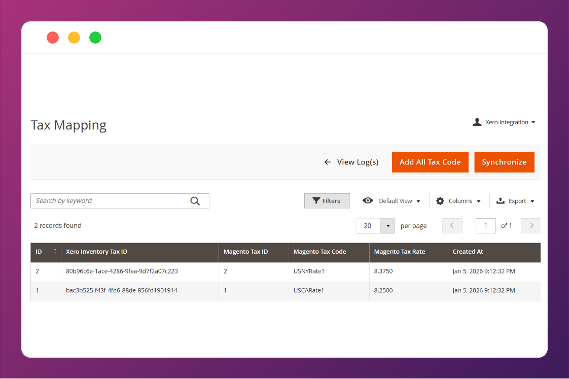 Tax mapping configuration in the Magento 2 Xero Integration extension.