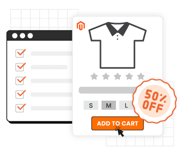 Magento store frontend illustration showing product promotion with 50% off lable at product lable
