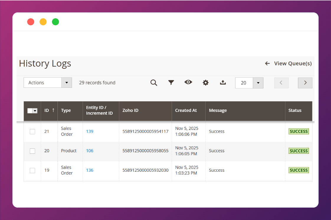 View complete synchronization history between Magento 2 and Zoho Inventory from the admin panel